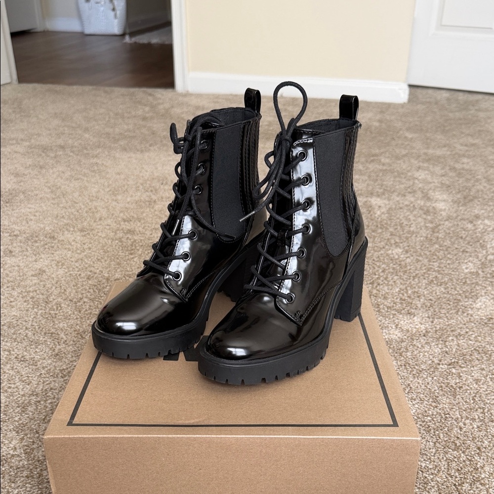 MIA Black Patent Lace-Up Chunky Heel Boots